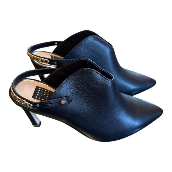 White House Black Market Black heeled mules size 8.5 gold chain accent EXC - Picture 3 of 6